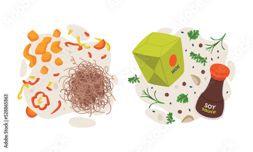 Noodles with Salmon, Pepper and Soy Sauce as Wok Ingredients and Asian Food Vector Composition Set