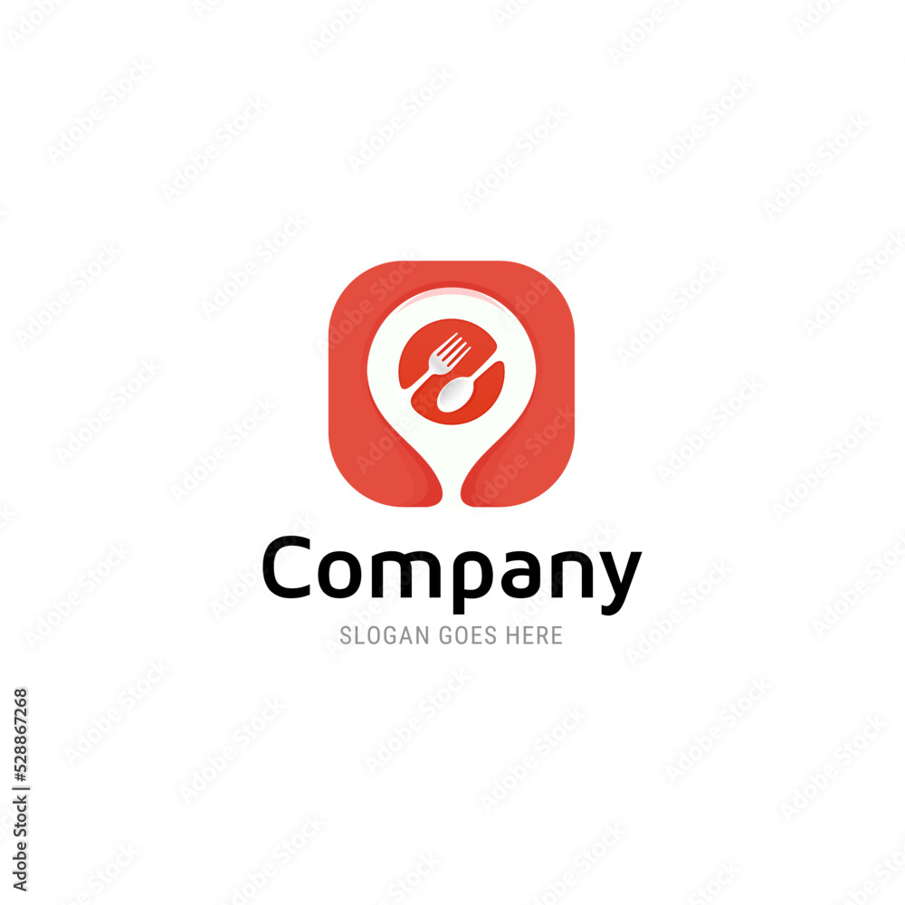 Restaurant logo, app icon concept with spoon and fork with location indicator logo template. 