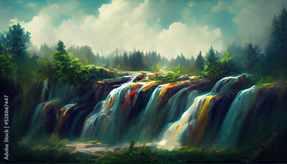 Wild landscape with creeks and waterfall and mountains. Stream flow through forest. Digital illustration