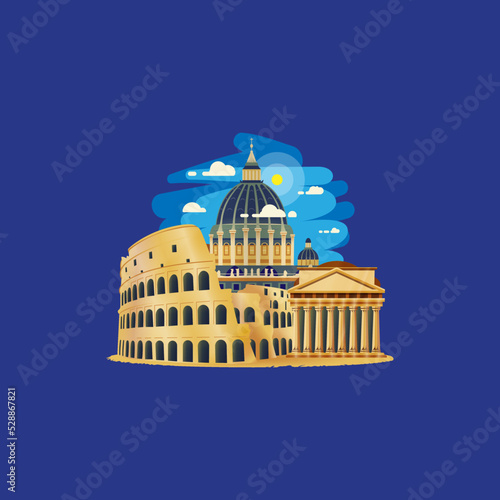 Rome tour and travel with the colosseum, St. Peter’s Basilica, and Pantheon. Vector illustration.