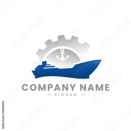 Cargo Ship Logo in the ocean design template with anchor for international export or import of goods transportation trading companies.