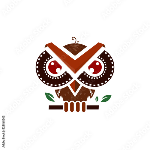 Owl cinema film strip, vector logo template for business, videographer, studio, corporation or web.