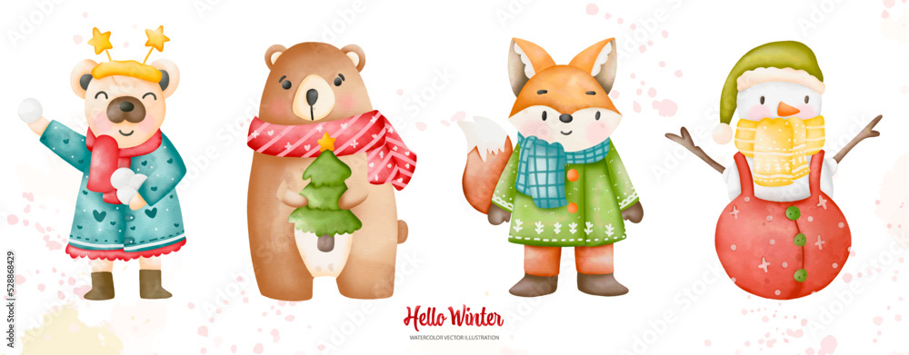 Watercolor cute animals in winter costumes, Christmas animals, Digital paint watercolor illustration