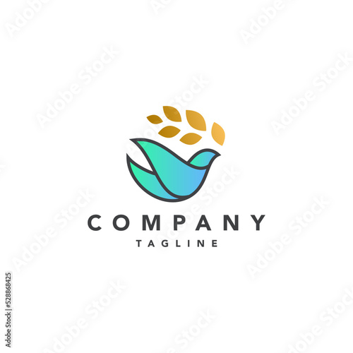 Flying colorful Pigeon Dove Bird with Leaves, vector outline logo template