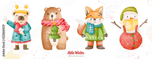 Watercolor cute animals in winter costumes  Christmas animals  Digital paint watercolor illustration