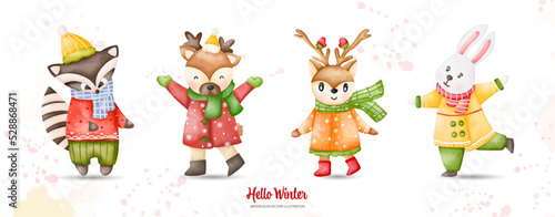 Winter animals, Christmas animals set, Digital paint watercolor illustration..