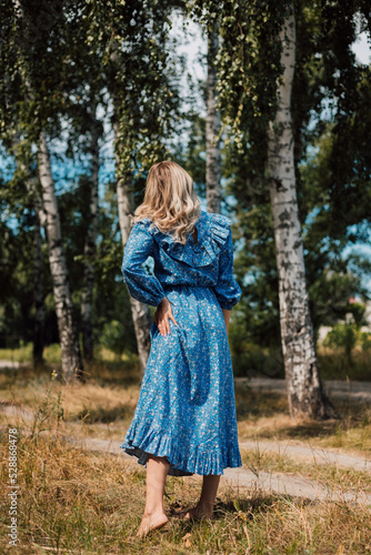 A young woman in a blue dress stands with her back in the countryside