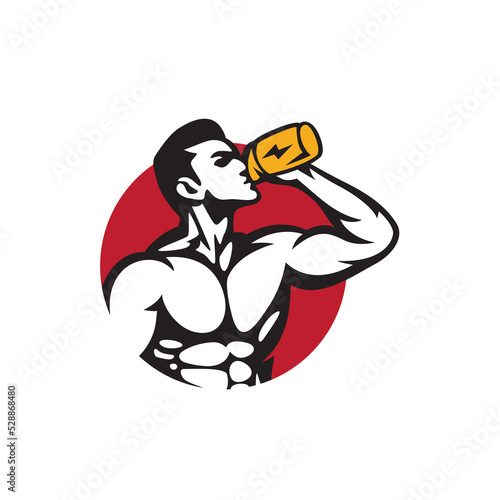 Gym logo template symbol icon, man drinking protein supplements of fitness character vector logo template.