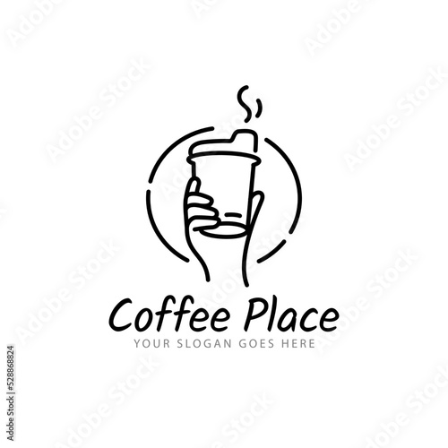 Modern human hands holding coffee cup vector logo template