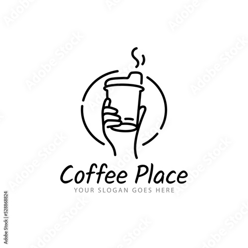 Modern human hands holding coffee cup vector logo template