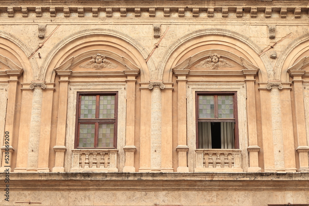 Basilica of the Twelve Holy Apostles Facade Detail with Windows in Rome, Italy