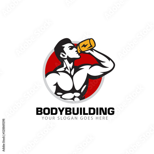 Posing bodybuilder, Fitness Logo Design, Muscular man with protein drink in shaker vector logo template 