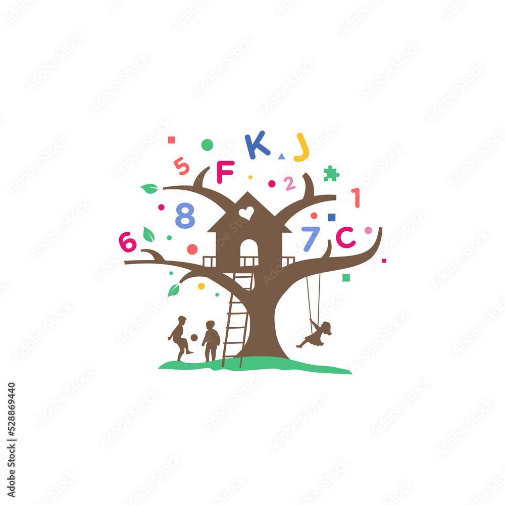 Creative tree house letter logo illustration with kids learning playing, Vector design. Creative tree house letter logo illustration with kids learning playing, Vector design.