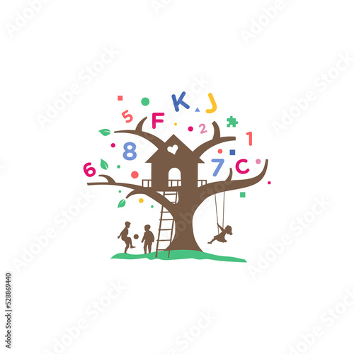 Creative tree house letter logo illustration with kids learning playing  Vector design.