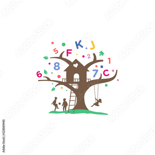 Creative tree house letter logo illustration with kids learning playing, Vector design.