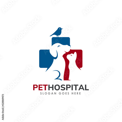 Happy Pet Shop logo icon, veterinary clinic illustration background with dog, cat and bird vector logo template 
