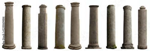 Fototapeta set of antique columns, collection of damaged pillars isolated on white backgrou