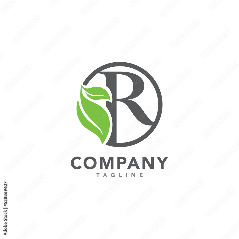 Initial letter R with leaf logo vector concept element, letter R logo with Organic leaf in a circle.
