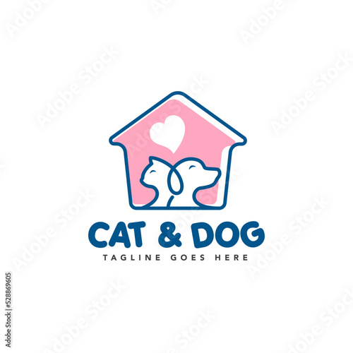 Cat and Dog outline pet house home love logo vector template with heart shape.