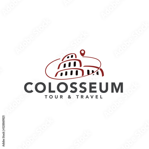 Colosseum tour and travel logo icon design template with location pin, vector design.
