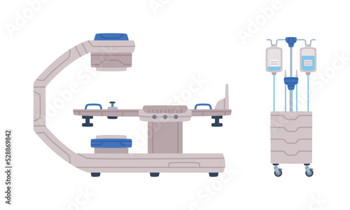 X-ray Machine and Intravenous Bag as Medical Equipment and Assistance Device Vector Set