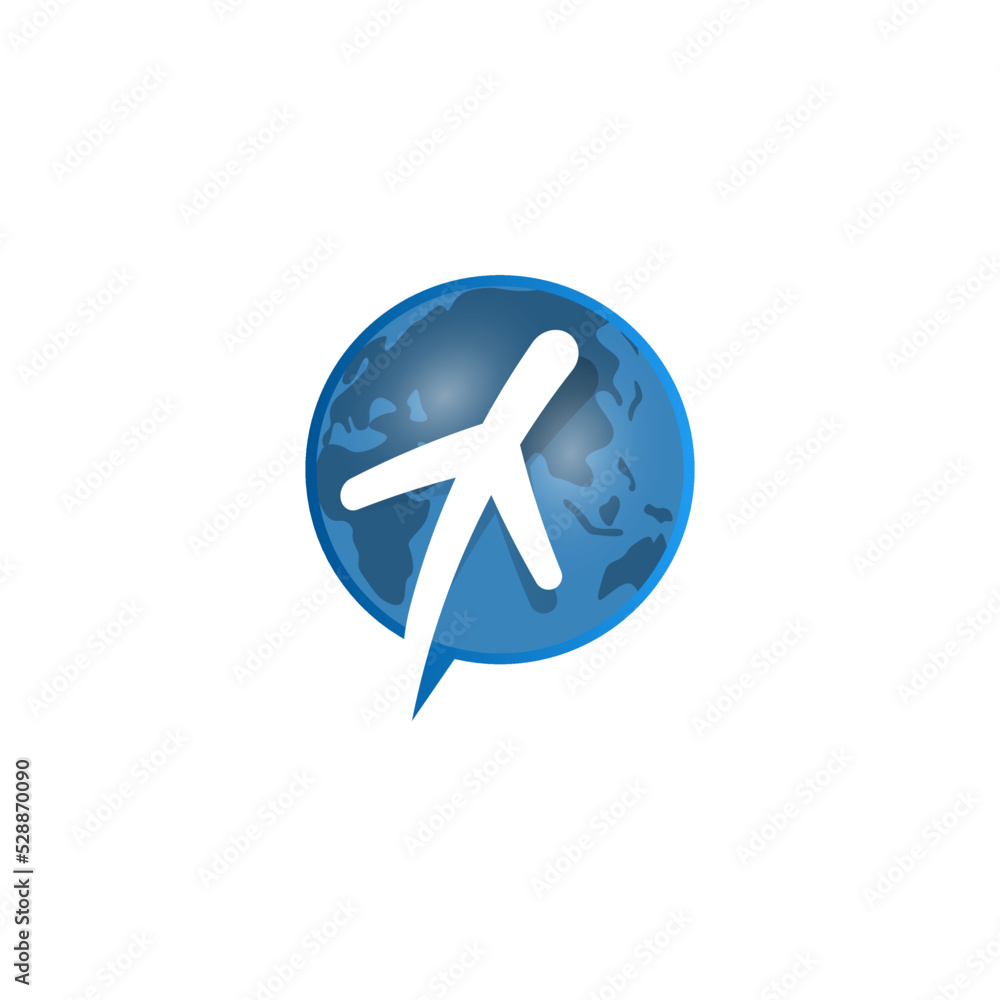 Around the world travelling by plane, airplane trip in various country, plane on a globe vector logo template Around the world travelling by plane, airplane trip in various country, plane on a globe vector logo template