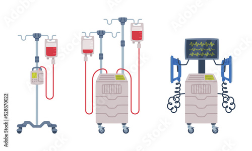Defibrillator and Intravenous Bag as Medical Equipment and Assistance Device Vector Set