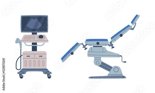 Ultrasound Imaging Machine and Chair as Medical Equipment and Assistance Device Vector Set