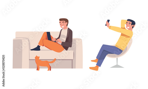 Man Character with Digital Device Sitting on Sofa and Chair Suffering from Internet Addiction Vector Set