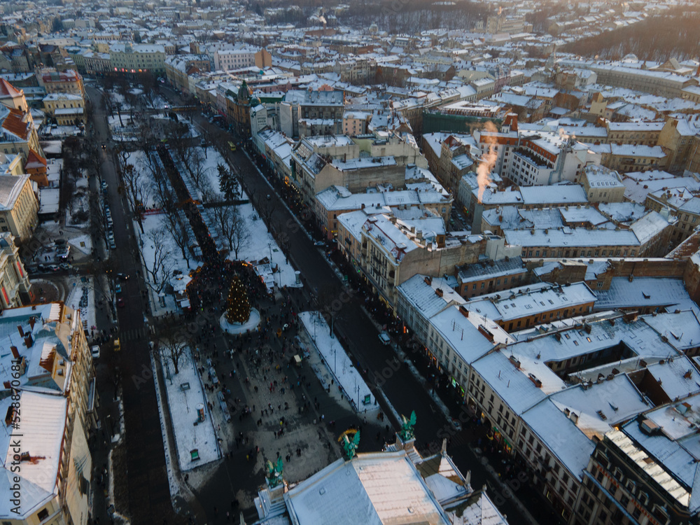 overhead view of city center at christmas holidays