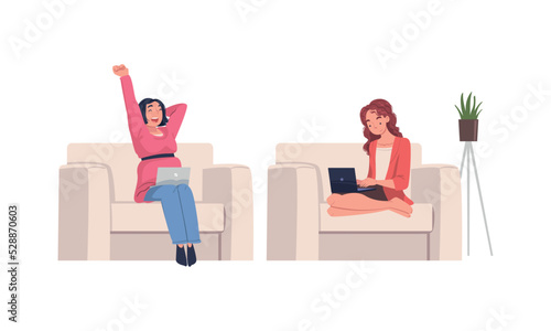 Woman Character with Laptop Sitting in Armchair Suffering from Internet Addiction Vector Set