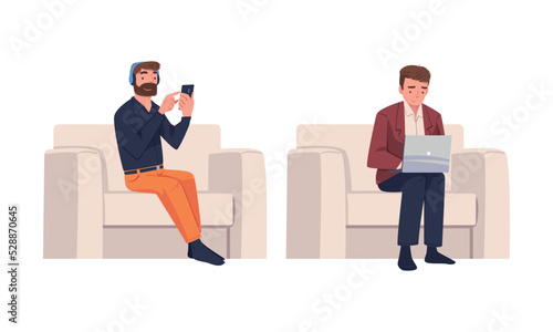 Man Character with Digital Device Sitting in Armchair Suffering from Internet Addiction Vector Set