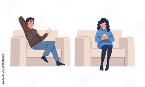 Man and Woman Character with Smartphone Sitting in Armchair Suffering from Internet Addiction Vector Set