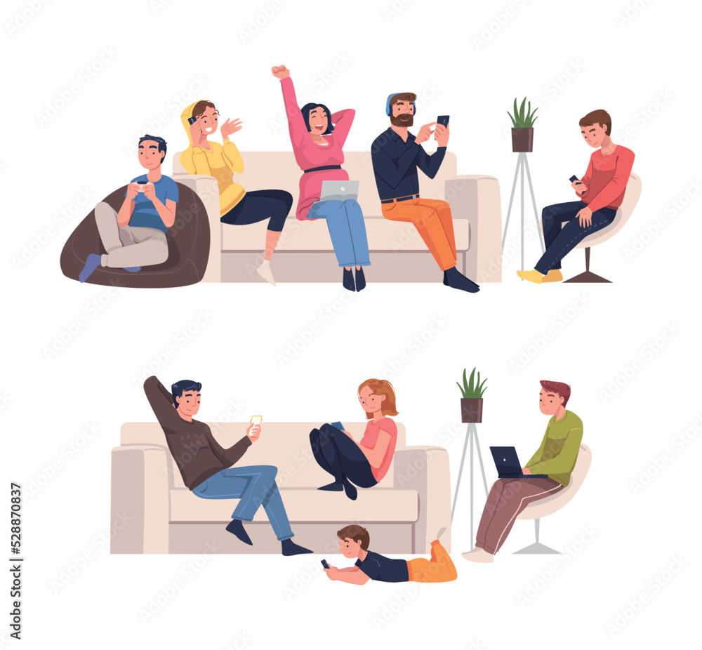 People Character with Digital Device Sitting on Sofa and Armchair Suffering from Internet Addiction Vector Set People Character with Digital Device Sitting on Sofa and Armchair Suffering from Internet Addiction Vector Set