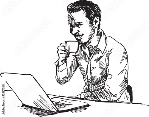 Hand sketch of young man with laptop and coffee. Vector illustration.