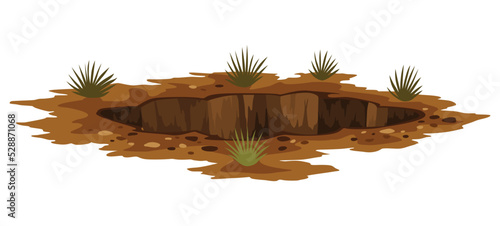 Hole ground. Works digging of sand coal waste rock or gravel. Brown, dry mine element of landscape. Cartoon illustration
