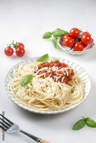 Spaghetti Pasta with meat, tomato sauce and cheese.