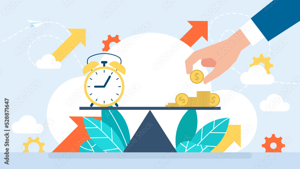 Time and money on scales. A businessman's hand puts money on the scales to balance time. Clock and coins. Weights with clock and money coin. Flat style. Vector business illustration. 