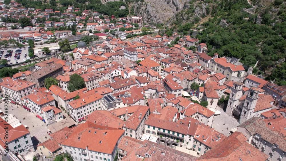 Aerial View of Kotor Old Town, Montenegro, Stone Buildings Inside Medieval Walls Aerial View of Kotor Old Town, Montenegro, Stone Buildings Inside Medieval Walls