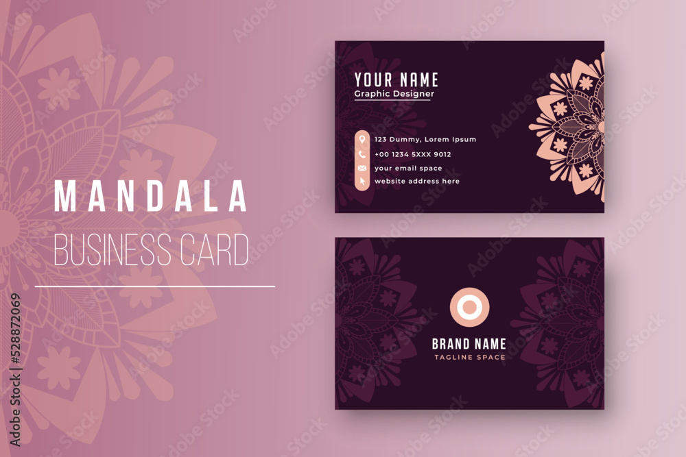 Unique Mandala Business Card Template with Reddish Background and Golden Color Mandala.