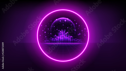 Vector illustration of fantastic portal in metaverse. Concept of neon portal in virtual digital reality. Simulation of network futuristic world. Digital technology metaverse. 3d vector illustration.