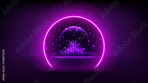 Vector illustration of fantastic portal in metaverse. Concept of neon portal in virtual digital reality. Simulation of network futuristic world. Digital technology metaverse. 3d vector illustration.