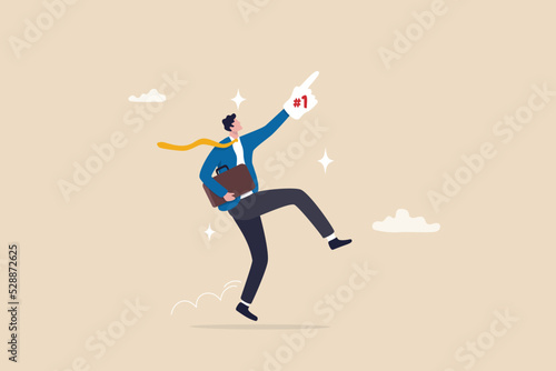 Success businessman winning competition, achieve goal or business winner, victory or succeed in work, prize honor concept, cheerful businessman jumping while wearing fan foam finger with number one.