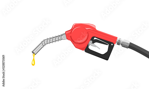 Vector red fuel pump nozzle gasoline with drop oil on white background