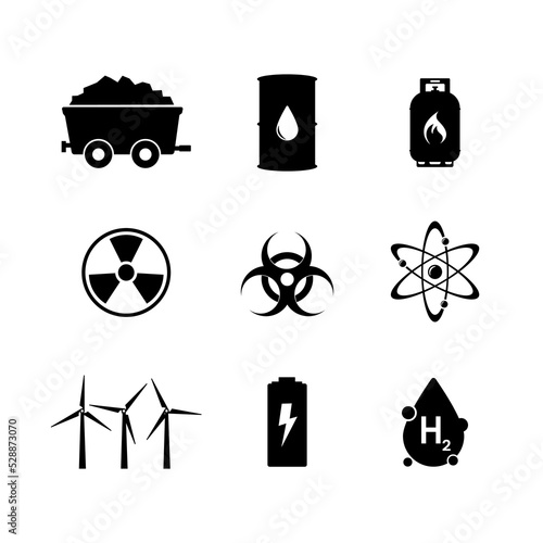 Energy icons set. Coal Gas Oil Nuclear Hydrogen