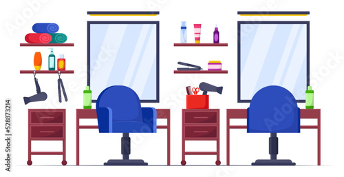 Interior of empty hairdressing salon cartoon illustration set. Hair design studio or beauty salon with furniture, mirror, chairs, hairdryer and equipment for hairstyle. Occupation, service concept