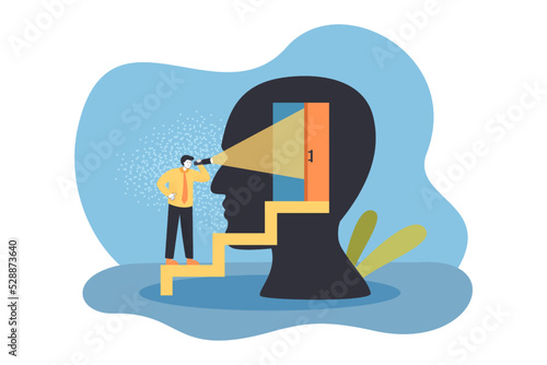 Businessman with flashlight directing light into open door. Tiny man standing at entrance to human mind flat vector illustration. Career concept for banner, website design or landing web page