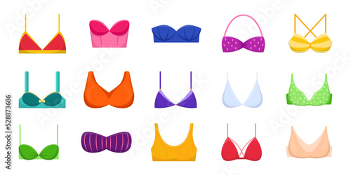 Various women bra cartoon illustration set. Sports top, strapless and push-up brassiere, lace lingerie, balconette and bandeau. Female underwear, fashion, glamour concept photo