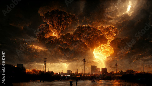 Fotografia Missile Attack on the Civil City Apocalyptic Sky Spectacular Art Illustration