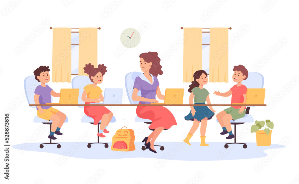 Cartoon teacher and students using laptops in classroom. Woman and school children sitting at desks with computers in class flat vector illustration. Education, technology concept for banner Cartoon teacher and students using laptops in classroom. Woman and school children sitting at desks with computers in class flat vector illustration. Education, technology concept for banner